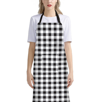 Black And White Check Pattern Print Bib Apron With Pocket