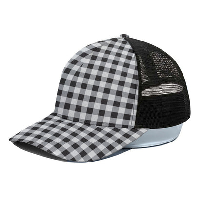 Black And White Check Pattern Print Black Mesh Trucker Cap