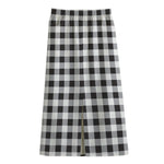 Black And White Check Pattern Print Cotton Front Slit Maxi Skirt