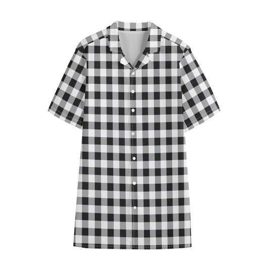 Black And White Check Pattern Print Cotton Hawaiian Shirt