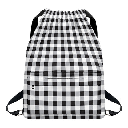 Black And White Check Pattern Print Drawstring Backpack