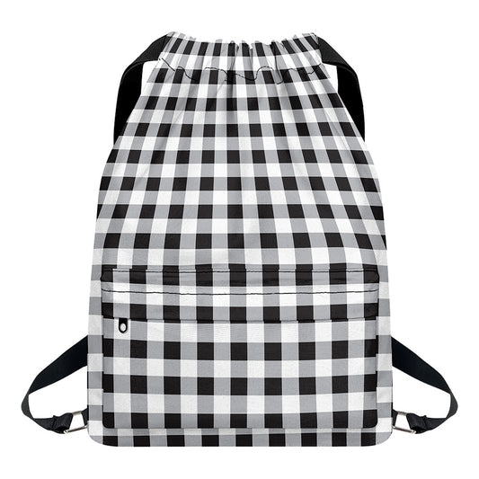 Black And White Check Pattern Print Drawstring Backpack