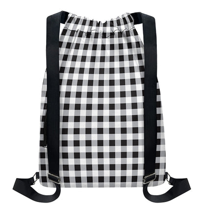 Black And White Check Pattern Print Drawstring Backpack