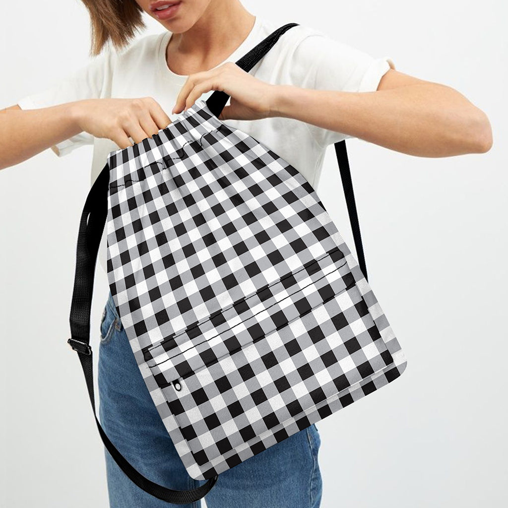 Black And White Check Pattern Print Drawstring Backpack