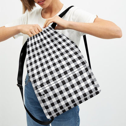 Black And White Check Pattern Print Drawstring Backpack