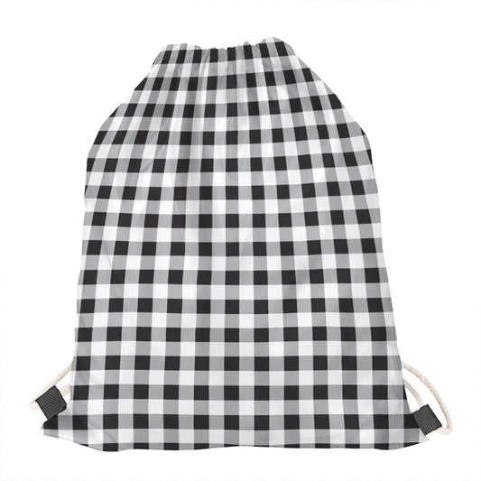 Black And White Check Pattern Print Drawstring Bag