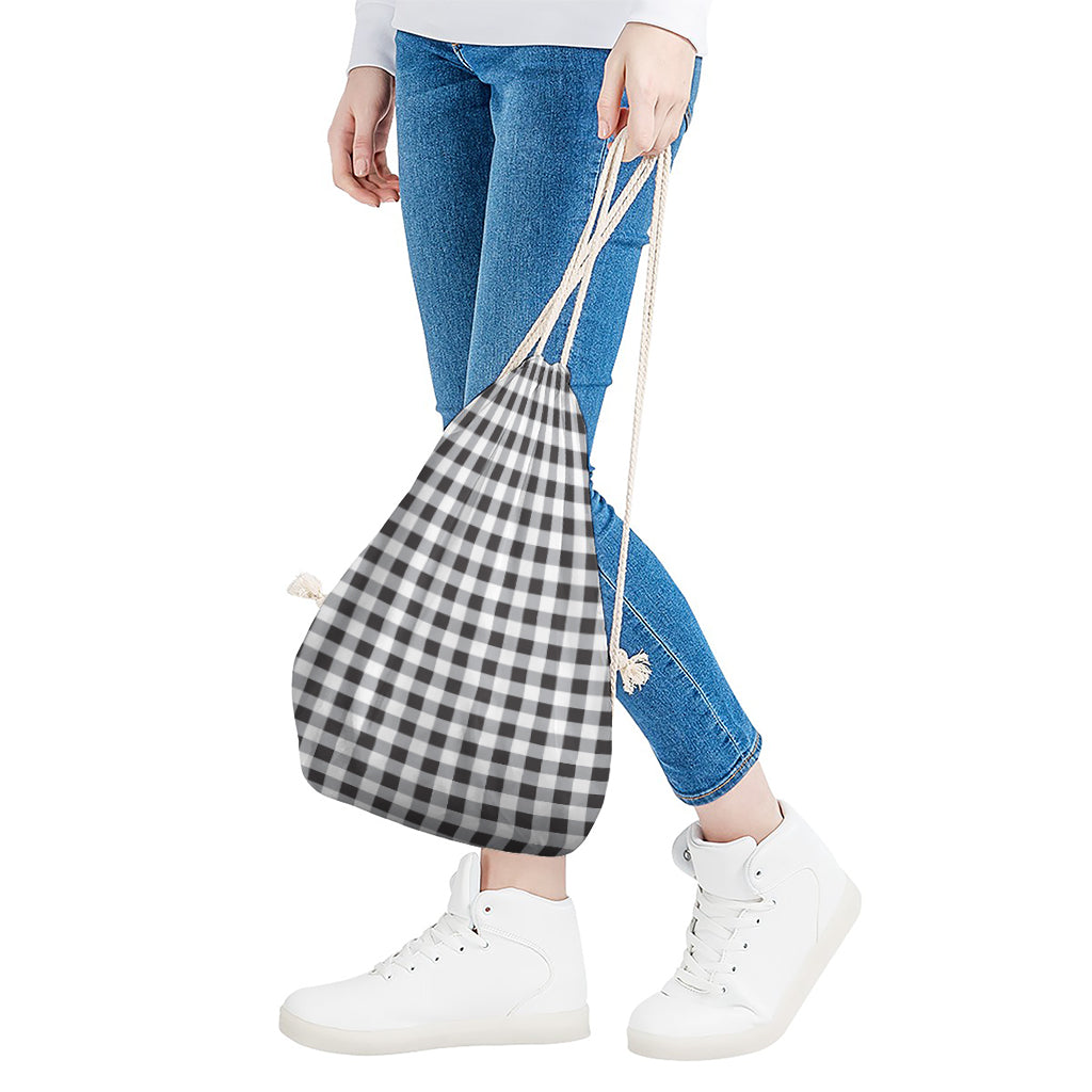 Black And White Check Pattern Print Drawstring Bag