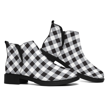 Black And White Check Pattern Print Flat Ankle Boots