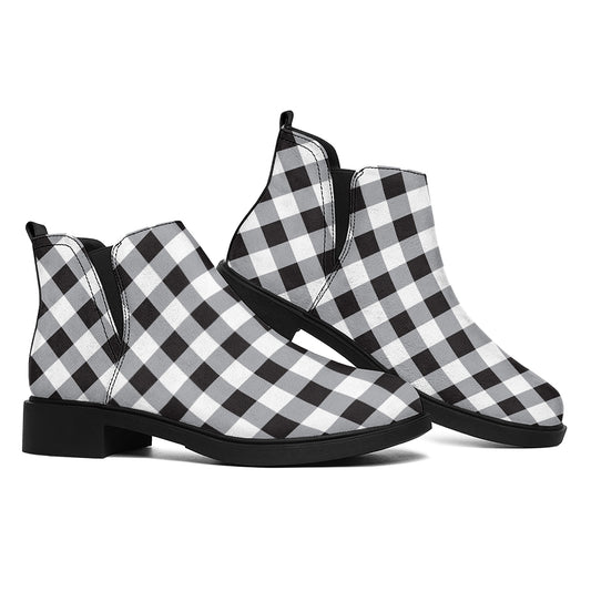 Black And White Check Pattern Print Flat Ankle Boots