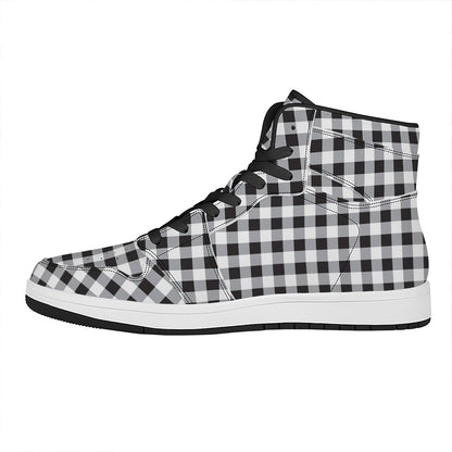 Black And White Check Pattern Print High Top Leather Sneakers