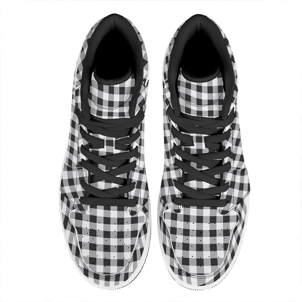 Black And White Check Pattern Print High Top Leather Sneakers