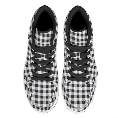 Black And White Check Pattern Print High Top Leather Sneakers