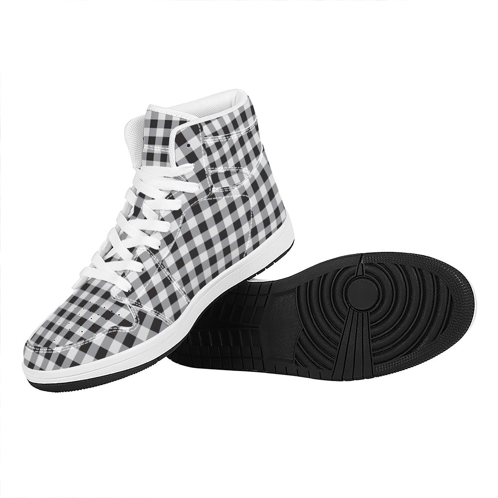 Black And White Check Pattern Print High Top Leather Sneakers
