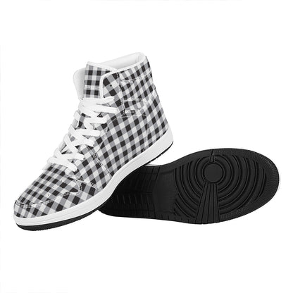 Black And White Check Pattern Print High Top Leather Sneakers