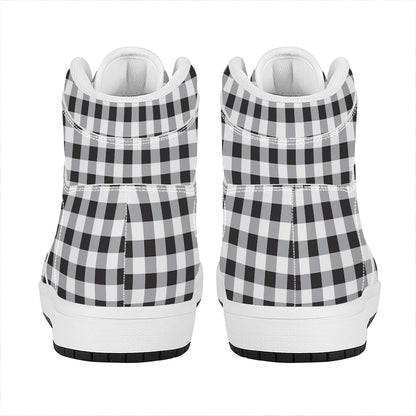 Black And White Check Pattern Print High Top Leather Sneakers