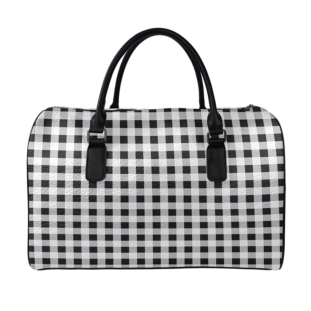 Black And White Check Pattern Print Leather Duffle Bag