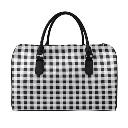 Black And White Check Pattern Print Leather Duffle Bag