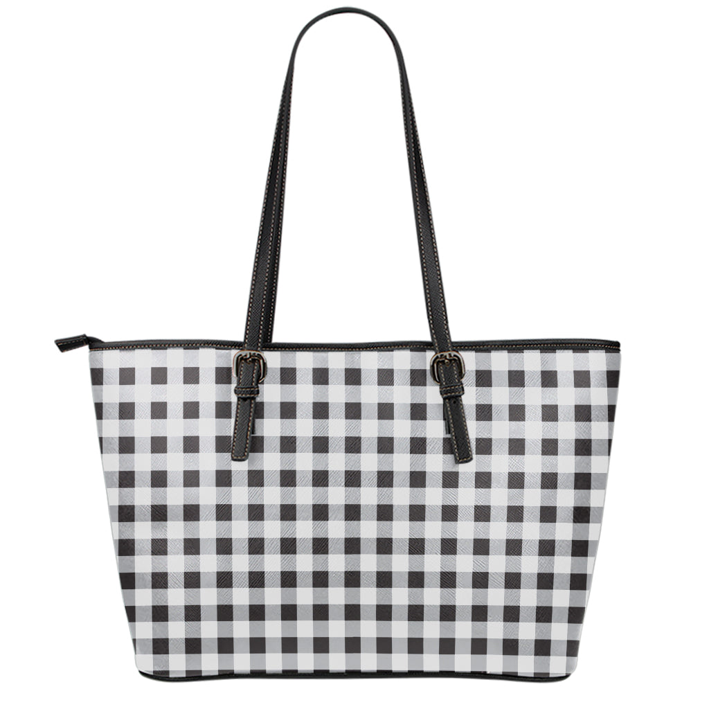 Black And White Check Pattern Print Leather Tote Bag