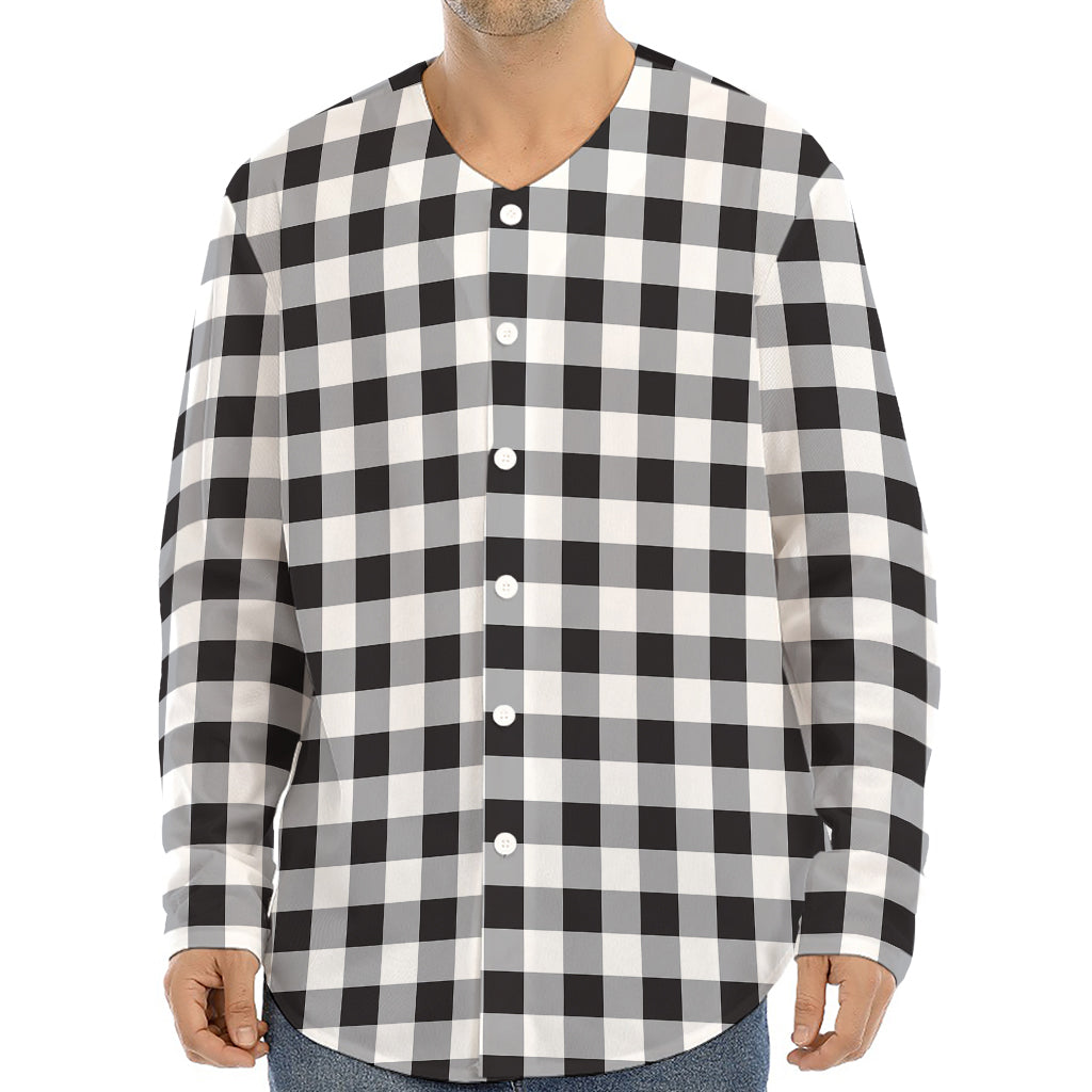 Black And White Check Pattern Print Long Sleeve Baseball Jersey