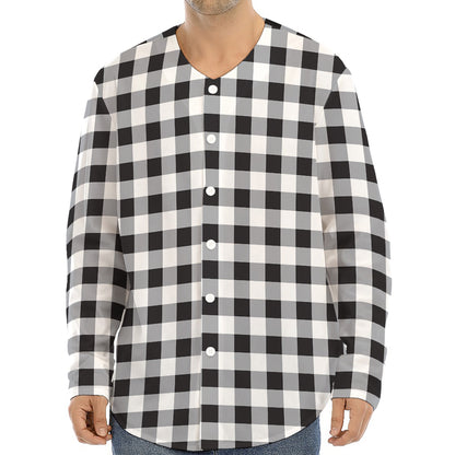 Black And White Check Pattern Print Long Sleeve Baseball Jersey