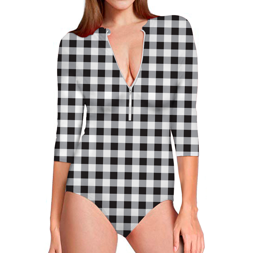 Black And White Check Pattern Print Long Sleeve Swimsuit