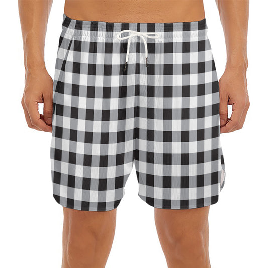Black And White Check Pattern Print Men's Split Running Shorts