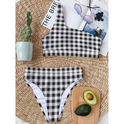 Black And White Check Pattern Print One Shoulder Bikini Top