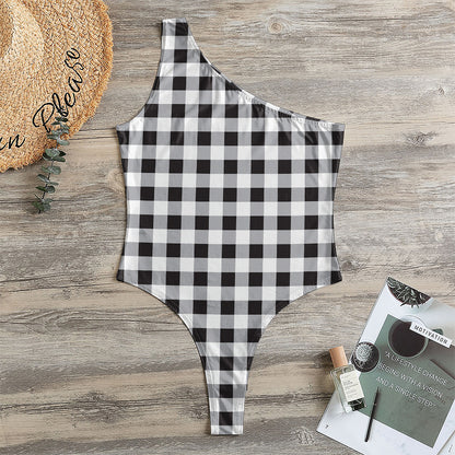 Black And White Check Pattern Print One Shoulder Bodysuit