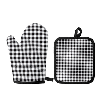 Black And White Check Pattern Print Oven Mitt And Pot Holder Set