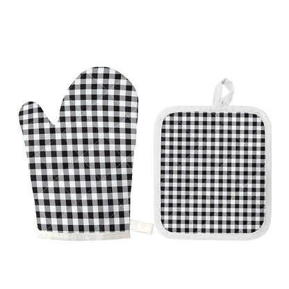 Black And White Check Pattern Print Oven Mitt And Pot Holder Set