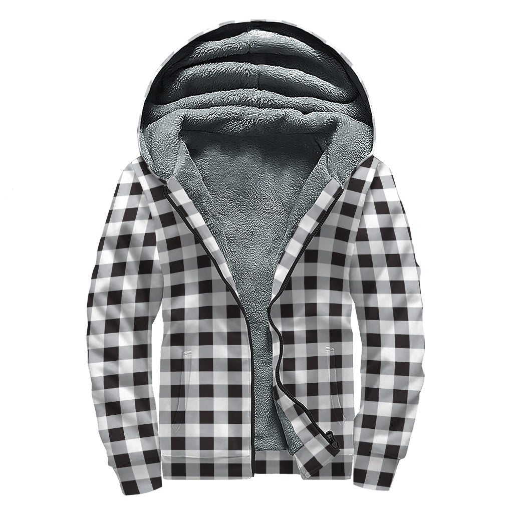 Black And White Check Pattern Print Sherpa Lined Zip Up Hoodie