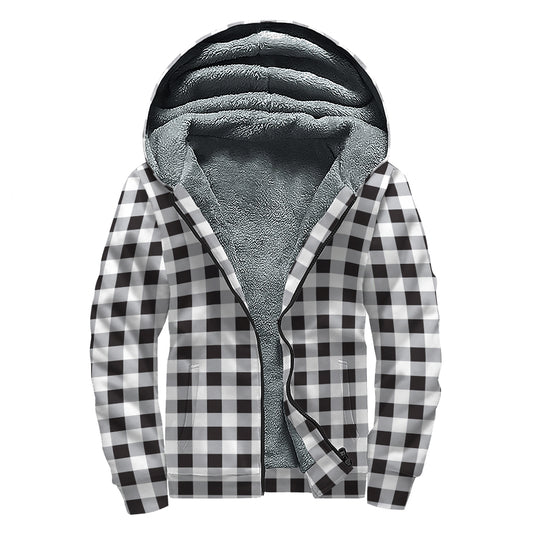 Black And White Check Pattern Print Sherpa Lined Zip Up Hoodie
