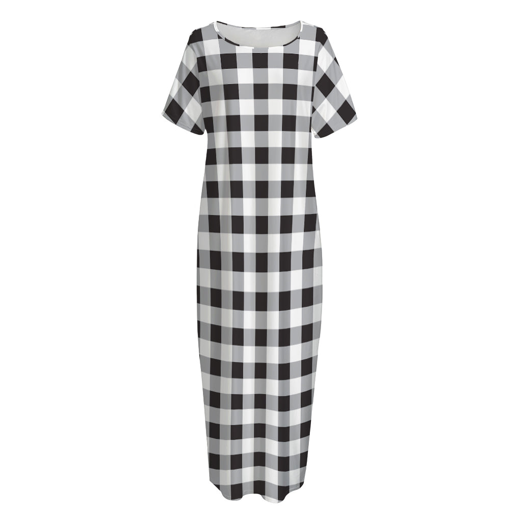 Black And White Check Pattern Print Short Sleeve Long Nightdress