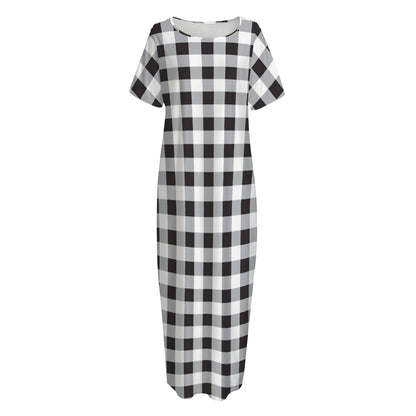 Black And White Check Pattern Print Short Sleeve Long Nightdress