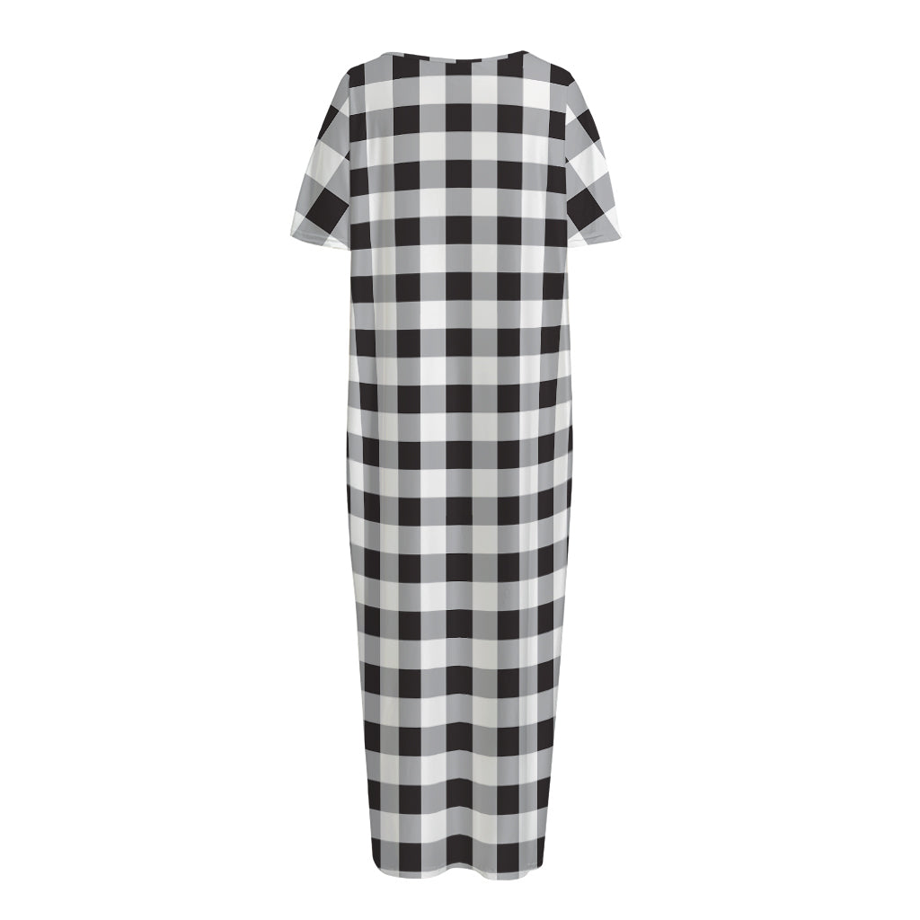 Black And White Check Pattern Print Short Sleeve Long Nightdress