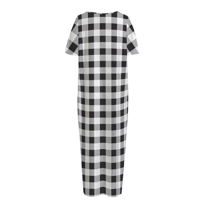 Black And White Check Pattern Print Short Sleeve Long Nightdress
