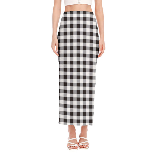 Black And White Check Pattern Print Side Slit Maxi Skirt