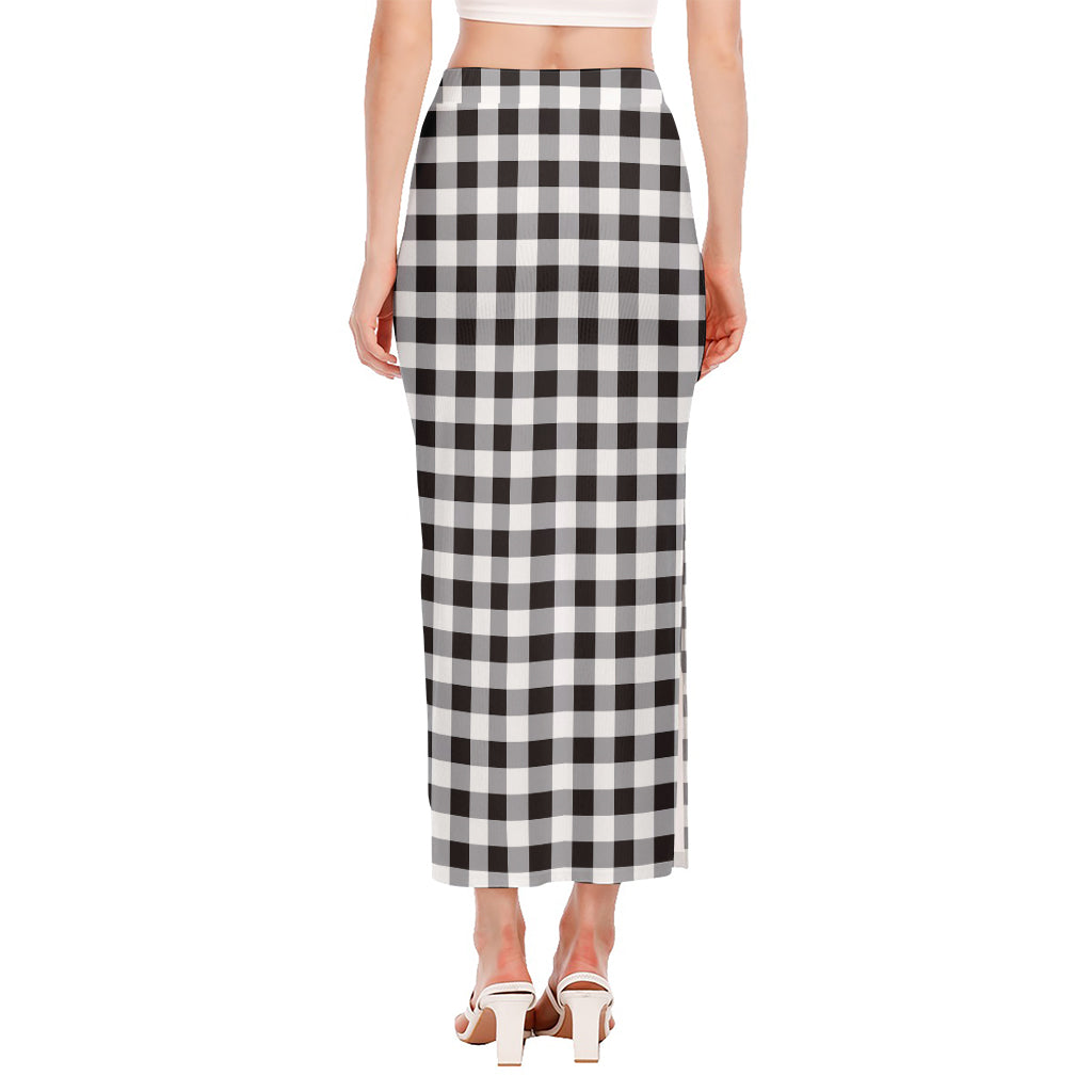 Black And White Check Pattern Print Side Slit Maxi Skirt