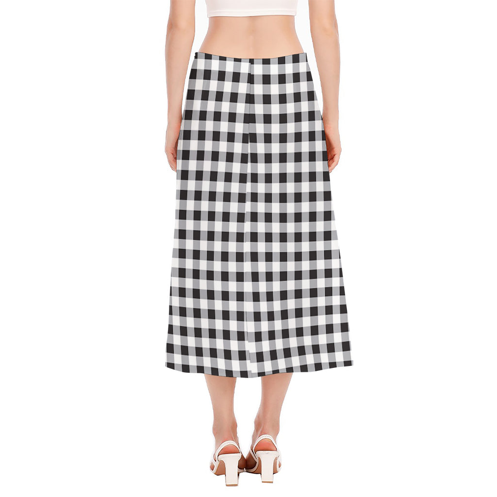 Black And White Check Pattern Print Side Slit Midi Skirt