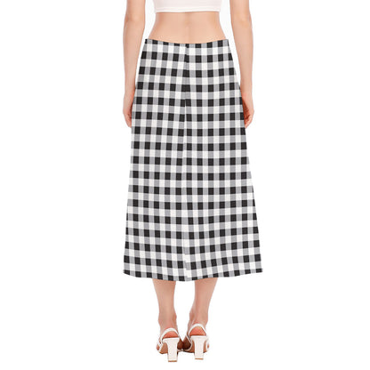Black And White Check Pattern Print Side Slit Midi Skirt