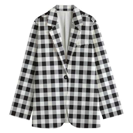 Black And White Check Pattern Print Women's Cotton Blazer