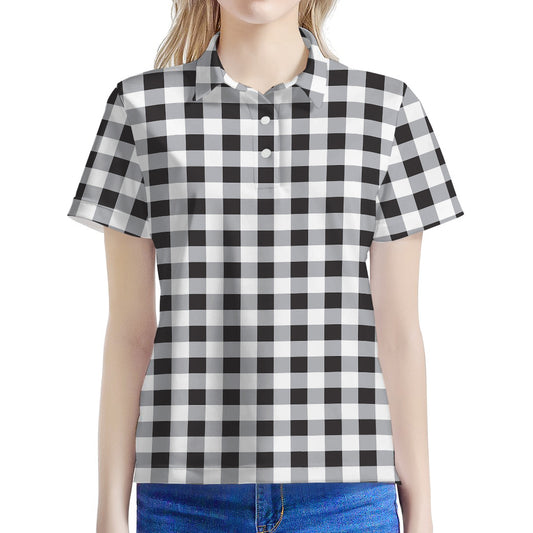 Black And White Check Pattern Print Women's Polo Shirt