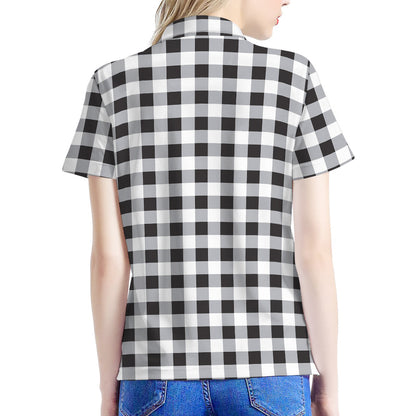 Black And White Check Pattern Print Women's Polo Shirt