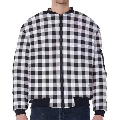 Black And White Check Pattern Print Zip Sleeve Bomber Jacket
