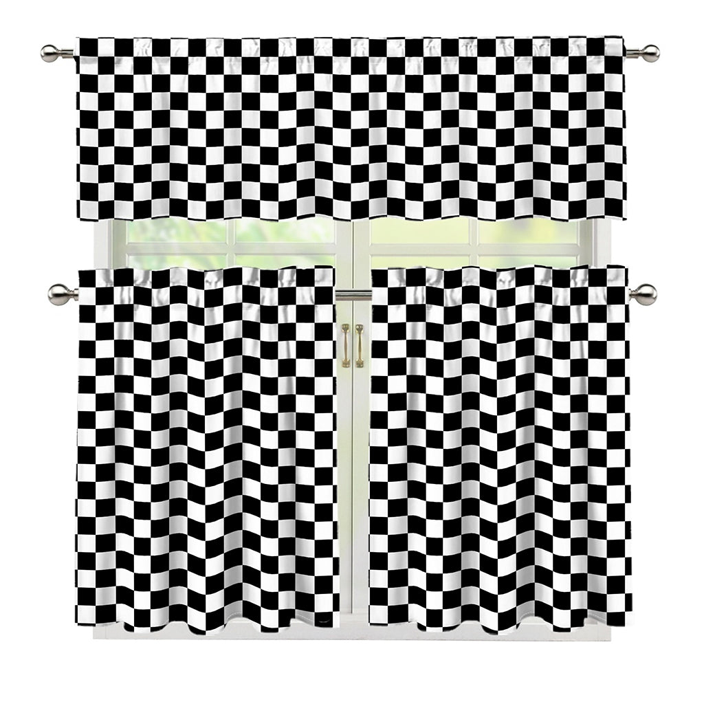 Black And White Checkered Pattern Print 3 Piece Kitchen Curtains