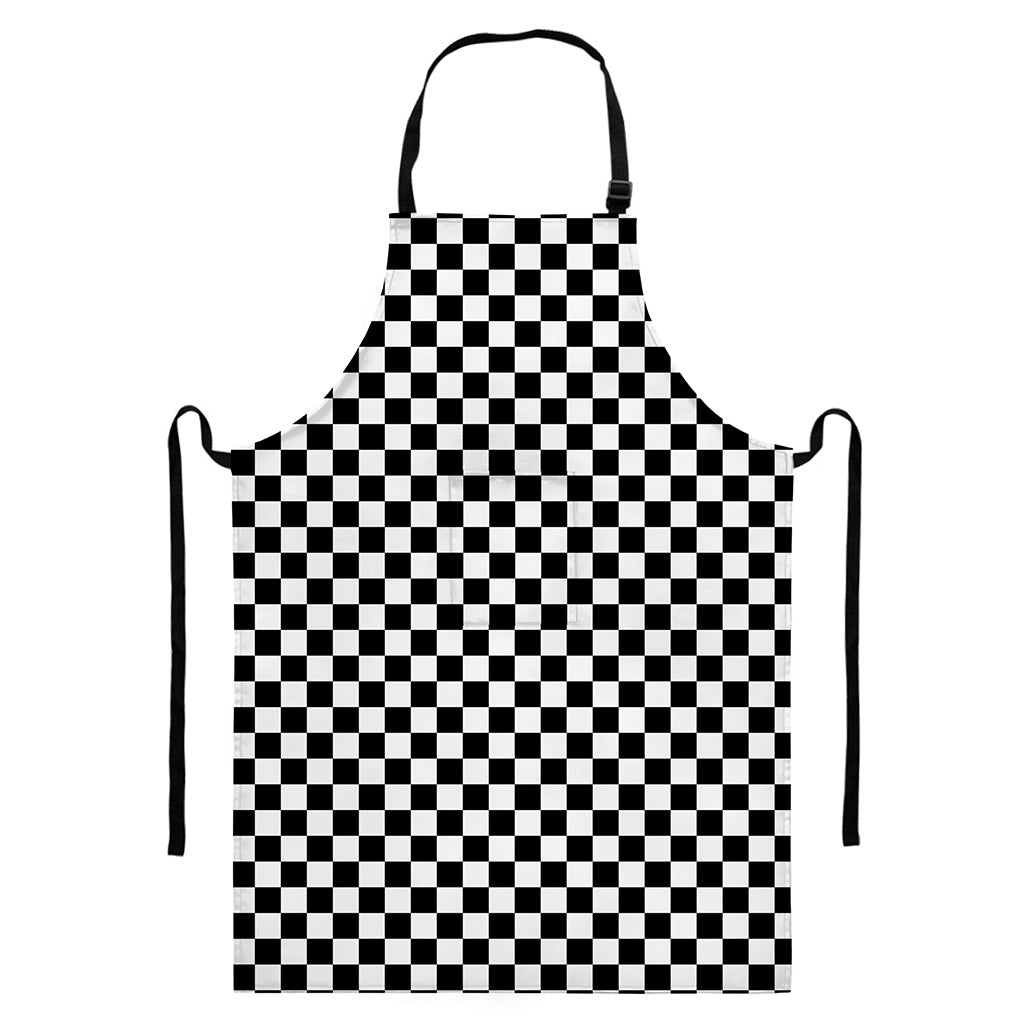 Black And White Checkered Pattern Print Bib Apron With Pocket