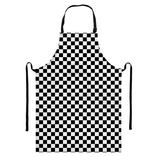 Black And White Checkered Pattern Print Bib Apron With Pocket