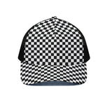 Black And White Checkered Pattern Print Black Mesh Trucker Cap