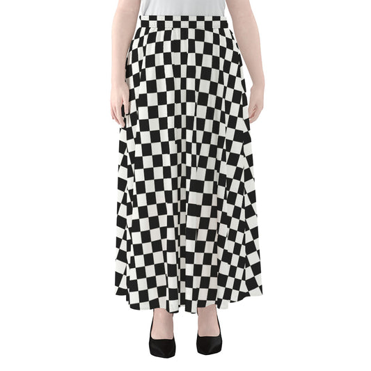 Black And White Checkered Pattern Print Chiffon Maxi Skirt