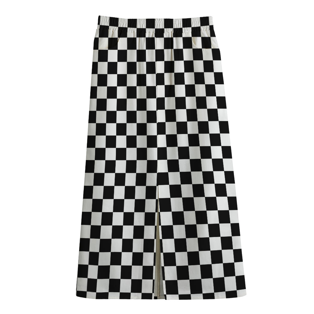 Black And White Checkered Pattern Print Cotton Front Slit Maxi Skirt